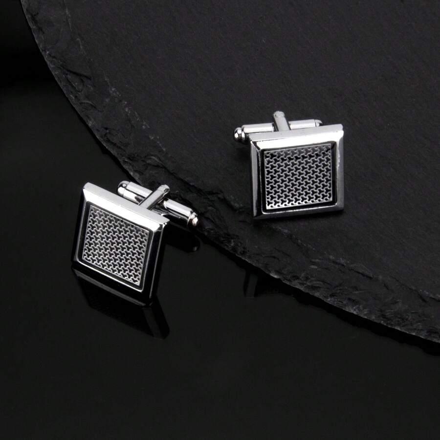 1 Pair Black Square Grid Pattern Copper Alloy Cufflinks, Fashionable For Party And Gathering