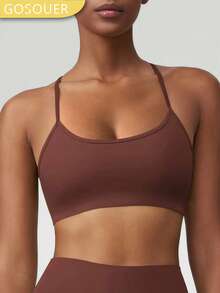 女士交叉绑带防震聚拢运动文胸（带衬垫） - 咖啡棕 - 查看 5