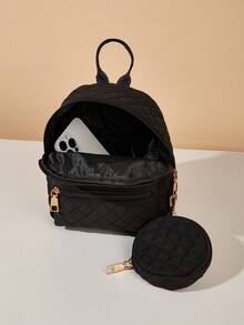 1 Set Girls' Quilted Classic Backpack With Coin Purse, 2pcs Fashionable Backpack Set, Great Gift - Multicolor - View 12