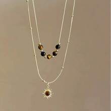 Fashion Double-Layer Brown Natural Stone Sun Heart Pendant Golden Metal Chain Necklace For Women Aesthetic Retro Jewelry Gift - Multicolor - View 5
