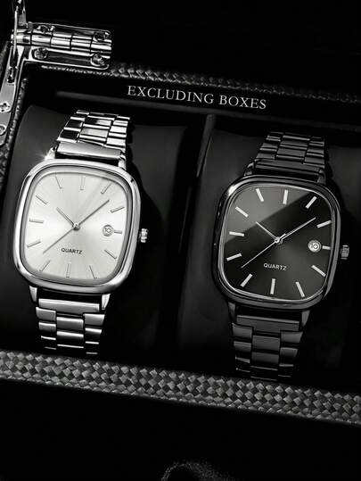 2pcs/Set Minimalist Business Men's Watch Set, Featuring Retro Square Dial And Stainless Steel Strap, Available In Black And White Colors. Suitable For Daily Commute And Business Occasions, Makes A Thoughtful Gift For Boyfriend Or Brother. Suitable For Birthday, Christmas, And Everyday Wear, Exuding A Steady And Elegant Style. No Gift Box Included.