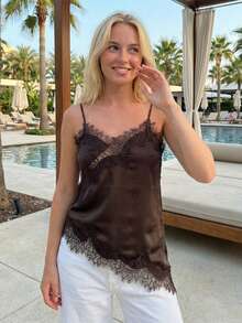Women Lace Trim Satin Camisole V Neck Spaghetti Strap Backless Asymmetrical Tops  Summer Streetwear - 黑色和金色 - 查看 6
