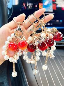 1pc Fashion Cherry Faux Pearl Chain Keychain Pendant, Charming Double Cherry Car Key Chain, Jewelry, Bag Charm, Wristlet Keychain, Car Keychain, Keychain Lanyard, Keychain, Keyring Accessory, Keychain Ring, DIY Accessory Birthday Gift, Wedding Gift, Holiday Gift, Party Favor, Event Souvenir, Friend Gift - Multicolor - View 4