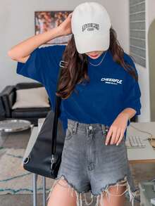 Women's Oversized Printed T-Shirt - Cheerful Paradise Phrase - Loose, Casual, Stylish, Modern, And Cool Blouse - 寶藍色 - 查看 2