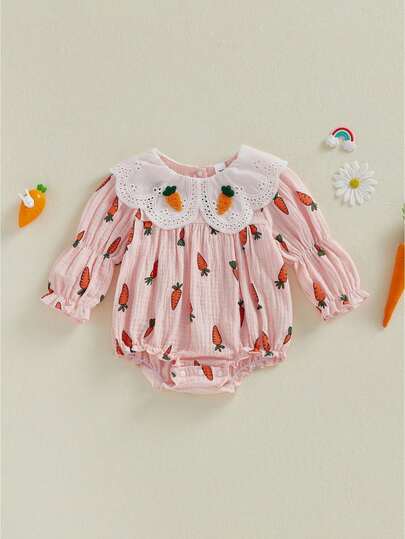 Infant Baby Girl Easter Rompers Long Sleeve Doll Collar Carrot Print Bubble Jumpsuit