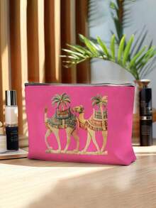 优雅骆驼椰树印花化妆包，可重复使用的骆驼图案化妆袋，轻便，化妆品及洗漱用品收纳包，拉链化妆包，轻便零钱包，洗漱包，储物袋，旅行配件，购物佳品，用途广泛，可用于收纳化妆品、化妆刷、配件，新年、情人节、斋月礼物