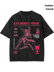 NUDEA 1pc Valentine's Day, Elden Ring Maidenless Print Washed Oversized Graphic Tee, Y2K, Streetwear, Suitable For Concert Outfit Women, Going Out Tops Women, Festival Outfits - màu đen - Xem 2