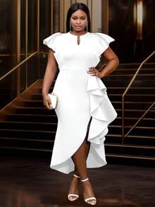 Plus Size Spring Easter New Bride Fashion Short Sleeve Slit Ruffle Hem White Graduation Dress, Suitable For Wedding, Wedding Guest, Bridal Shower, Bachelorette Party, Vacation, Birthday, Graduation, Formal Dinner, Homecoming, Back To School Summer Elegant - 白色 - 查看 6