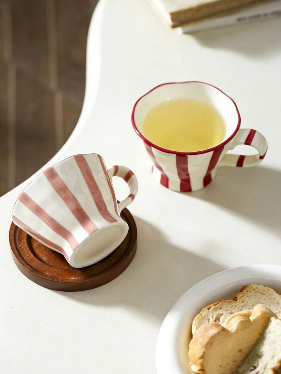 1pc Retro Striped Ceramic Mug, Breakfast Milk Oatmeal Cup, Home Water Cup, Office Coffee Cup, Afternoon Tea Latte Art Cup, Juice Beverage Cup, Couple Water Cup, Holiday Gift Cup, Gift For Family And Friends - Multicolor - View 1