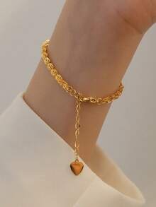 1pc Minimalist Single-Layer Feather Chain Bracelet, Heart Jewelry Accessory For Women - Gold - View 4