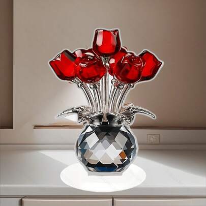 2D亚克力桌面摆件，仿水晶玻璃七玫瑰设计，创意生日/情人节礼物，适合各种场景的桌面装饰和家居搭配，精致小摆件，送礼佳品