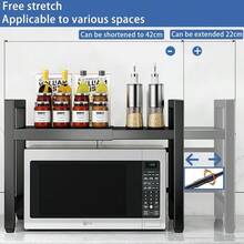 2 Tier Expandable Microwave Shelf Rack With 6 Hooks, Adjustable Kitchen Counter Organizer Shelves Microwave Stand Countertop Pot Pan Grill Storage Racks 40-64cm - Black - View 4