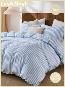 3件套纯棉蓝白条纹印花床上用品(1个被套+2个枕套),柔软亲肤,适合卧室、主卧、客房,四季皆宜。 - 彩色 - 查看 2