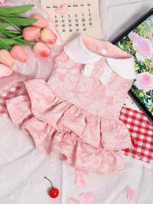 Vestido de mascota de encaje rosa para el Día de San Valentín - Falda con volantes en capas con cuello blanco y decoración de moño para perros pequeños - Rosa - Ver 4