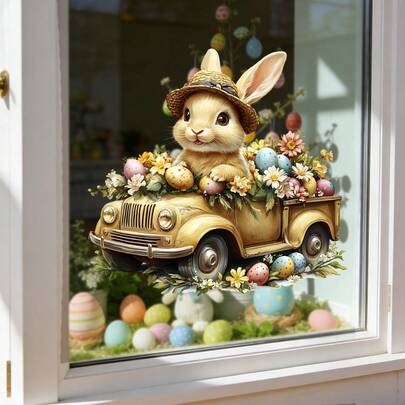 1 pieza Calcomanía estática de ventana para Pascua, con diseño de conejo lindo, camión, canasta, globos, huevos, flores y mariposas, removible, impermeable, material de PVC reutilizable, adecuado para sala de estar, escaparates, celebraciones de primavera, decoración del hogar de temporada