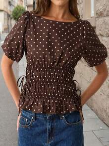 Women Dot Print Summer Blouse Shirred Puff Sleeve Side Tie-up Ruffled Tops for Daily Office Party - Marrón - Ver 3