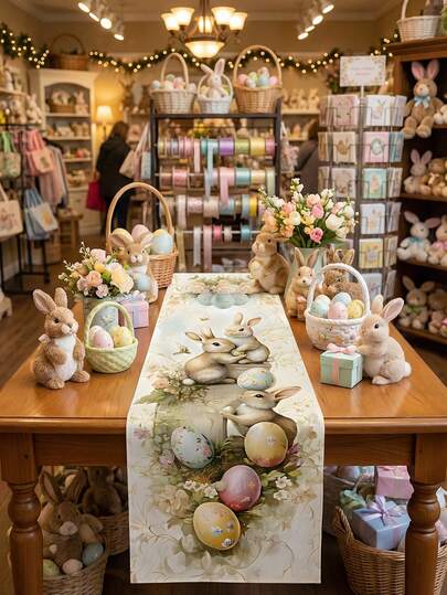 1pc/Retro Macaron Rabbit, Easter Egg And Floral Table Runner, Vintage Style Durable Polyester Tablecloth, Decorated With Cute Rabbit, Egg, And Flower Patterns, Suitable For Easter Garden Brunch, Spring Outdoor Parties, Family Gatherings, Family Table Decorations, And Holiday Celebration Setups.