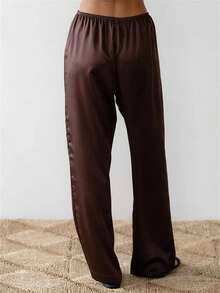 Women's Satin Wide Leg Dress Trousers Elastic Waist Solid Color For Office Chic  Daily Comfort - Cà phê nâu - Xem 4