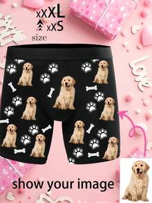1pc Men's Customized Dog Photo & Paw Bone Print Black Boxer Briefs, Soft Skin-Friendly Personalized Underwear, Cute Gift For Dog Lovers, Suitable For Daily Wear - Multicolor - View 1