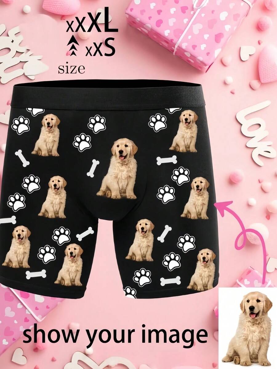 1pc Men's Customized Dog Photo & Paw Bone Print Black Boxer Briefs, Soft Skin-Friendly Personalized Underwear, Cute Gift For Dog Lovers, Suitable For Daily Wear - Multicolor - View 1