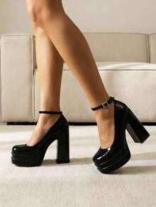 Platform High Heels For Women Chunky Heeled Mary Janes Heels Closed Toe Adjustable Ankle Strap Y2K Shoes - 黑色-1 - 查看 1