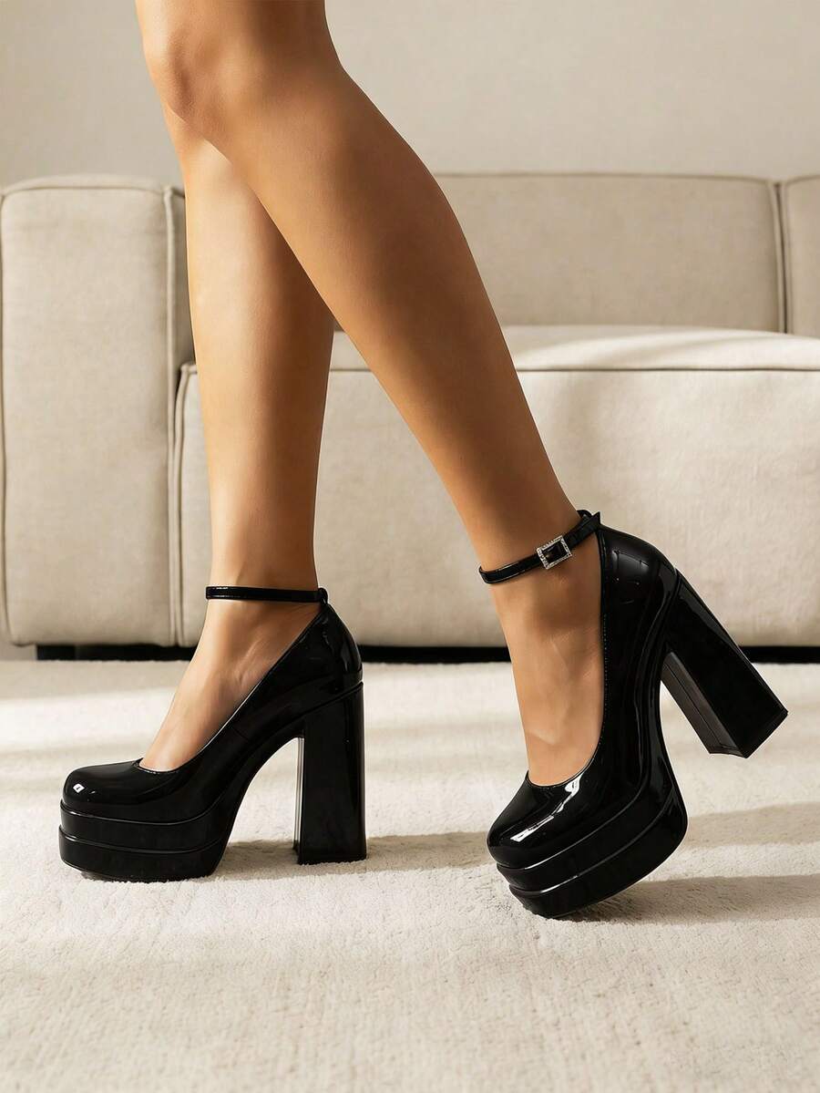 Platform High Heels For Women Chunky Heeled Mary Janes Heels Closed Toe Adjustable Ankle Strap Y2K Shoes - 黑色-1 - 查看 1