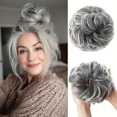 Accesorio de peinado de moño gris esponjoso de lujo para mujeres - Creador de moño extra grueso y esponjoso, fibra sintética resistente a altas temperaturas, accesorio de cabello elástico, adecuado para todos los tonos de piel, agrega volumen, cepillo para cabello esponjoso y diseño ajustado, accesorio para el cabello