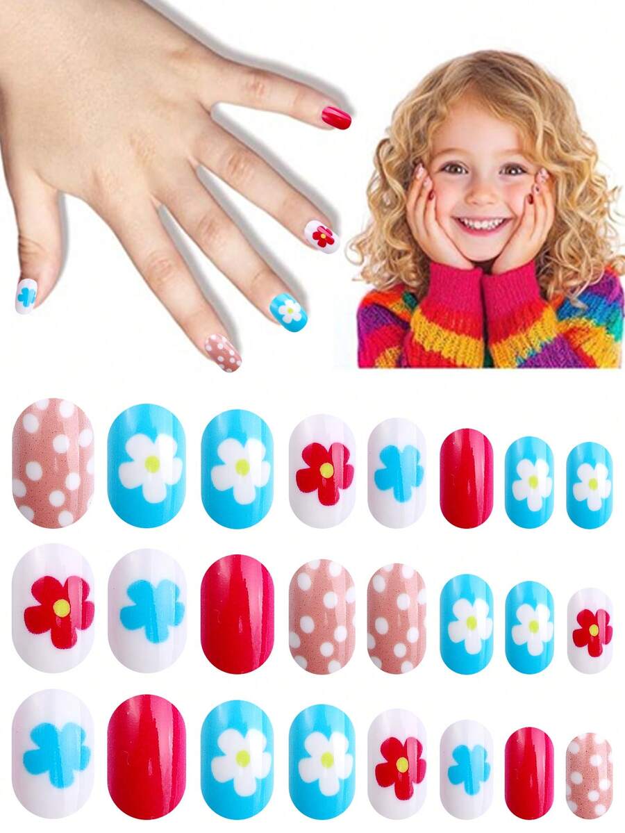 NAIO 24Pcs Press On Nails For Kids, 1 Pack Kid Fake Nail With Flowers, Polka Dot Shaped Elements Pre-Glue Short Nail Stick On Nails, Great For Children Little Girl Birthday Gifts, Parties & Makeovers Decoration - Multicolor - View 1