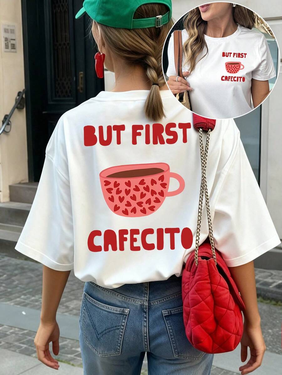 女士休闲加大码圆领 Capizotto T 恤，前后均有图案，是一款适合夏季的百搭 T 恤。 - 白色 - 查看 1