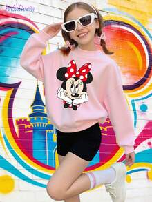 1pc Disney Minnie Mouse Tween Girl Cute Sweatshirt - Adorable Minnie Face Graphic, Soft & Skin-Friendly For Daily Casual Wear & Leisure Hangouts - Pink - View 2