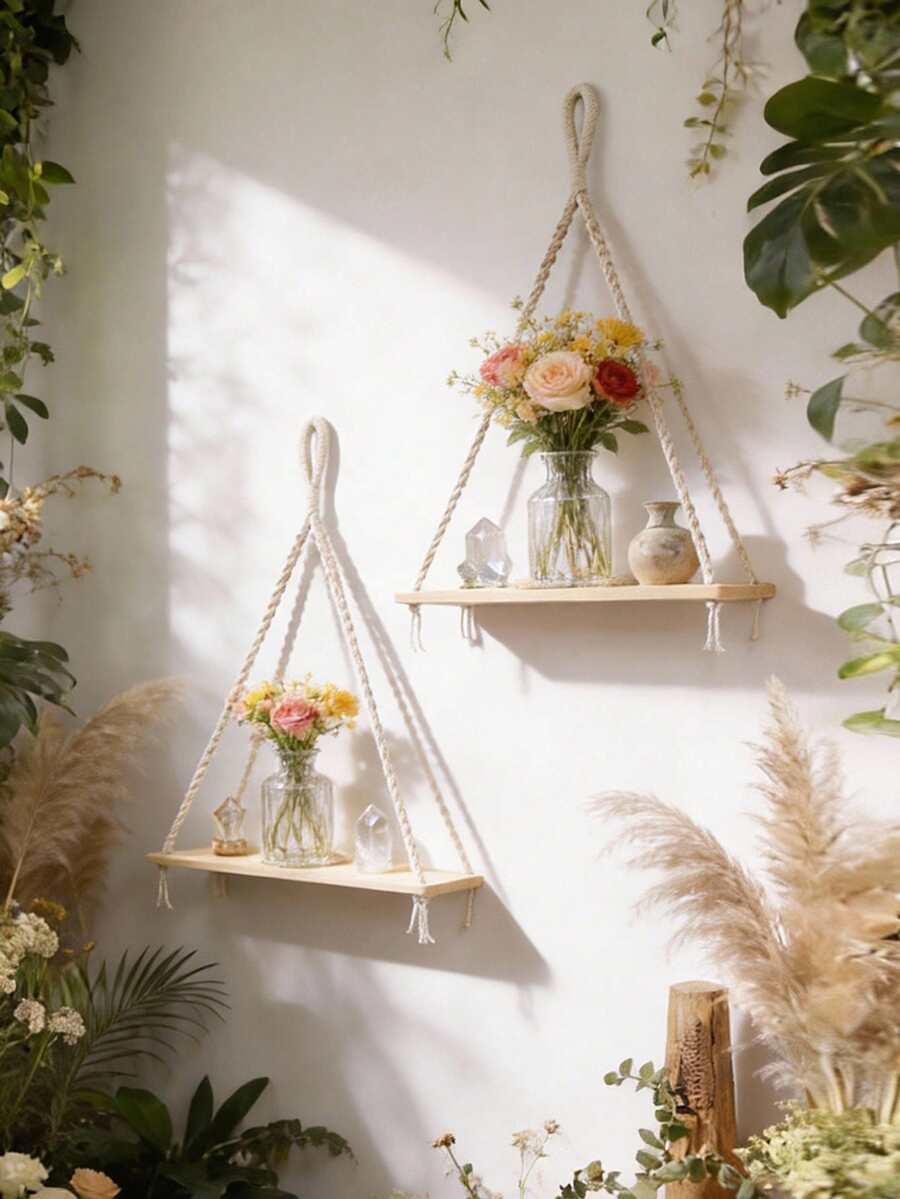 1 pieza/2 piezas Estantería de pared colgante tejida a mano, estantería flotante triangular de madera, estantería de almacenamiento de estilo bohemio con borla de macramé, decoración del hogar minimalista, color beige natural, adecuada para sala de estar, dormitorio, oficina y entrada