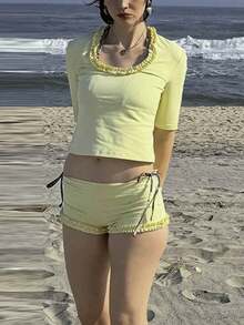 Women Y2k Striped 2 Pice Pajama Set Scoop Neck Half Sleeve Ruched Tops Low Waist Shorts Cute Slim Fit Tank Tee Mini Short Matching Sets Summer Going Outfit Beach Vacation Outfits Casual Streetwear - 黃色 - 查看 4