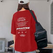Women's Oversized Printed T-Shirt - Cheerful Paradise Phrase - Loose, Casual, Stylish, Modern, And Cool Blouse - 紅色 - 查看 13