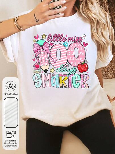 大码女式每日100天变得更聪明图案圆领短袖休闲夏季女式上衣，书籍、铅笔和鲜花图案返校季女式白色T恤