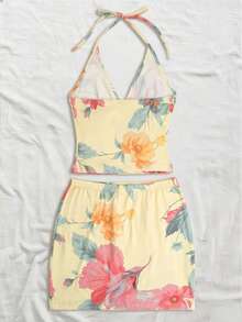 两件套女士可爱性感碎花吊带露脐上衣+紧身迷你裙，休闲度假沙滩装夏季 - 彩色 - 查看 8