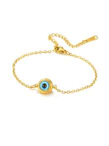 1件装不锈钢防水不褪色时尚简约蓝色邪眼吊坠手链，适合女性日常佩戴