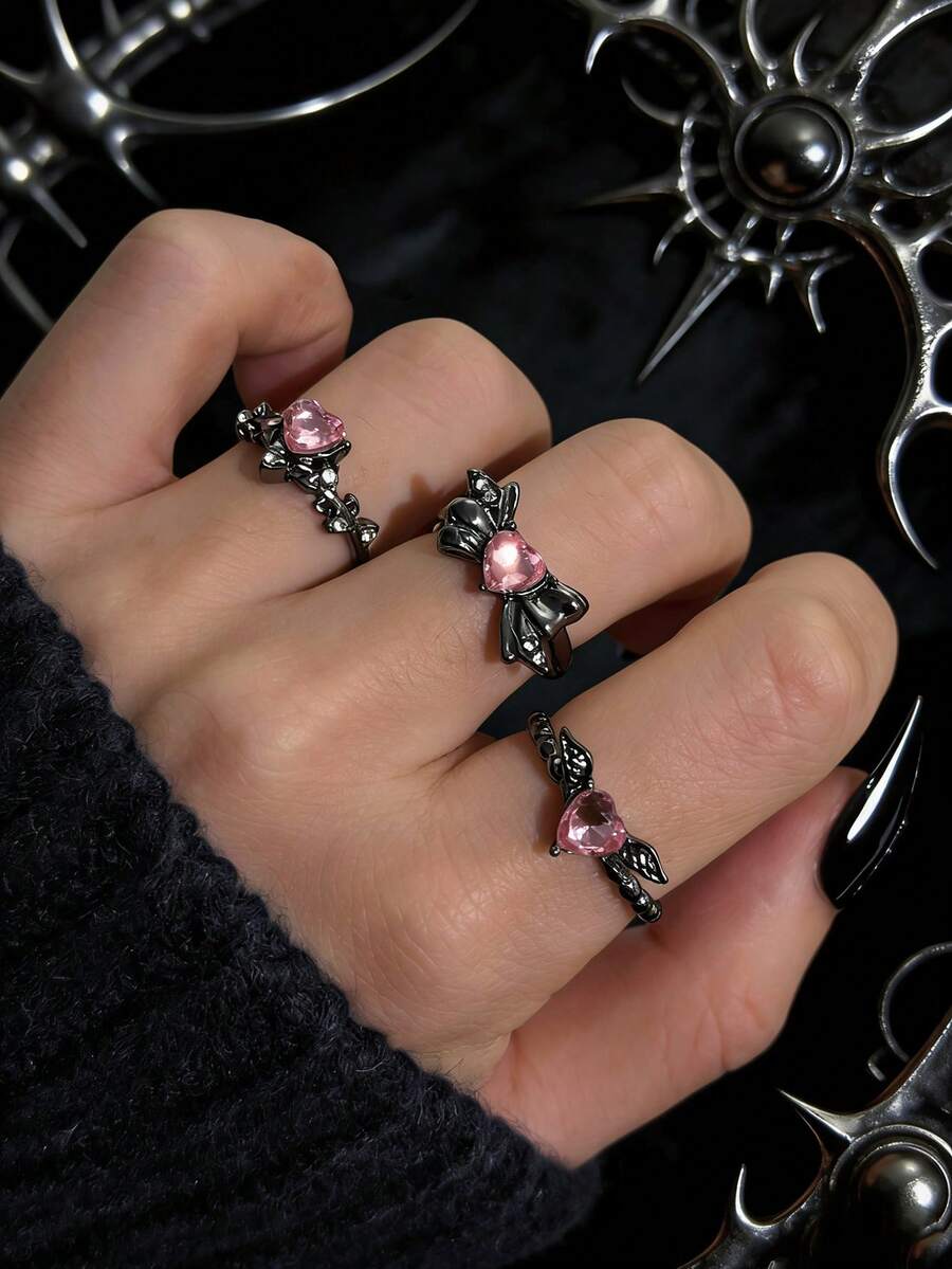 3pcs Gun, Pink, Heart Shaped Rhinestone Candy Bow Y2K Personalized Sweet Cool Girl Ring Set - Gun Black - View 1