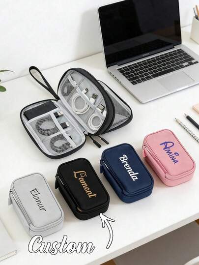 Anpassningsbar digital förvaringsväska, personlig elektronik L-organisatör, mobiltelefonladdare datakabelorganisatör, bärbar reseförvaringsväska, multifunktionell förvaringsväska, anpassningsbar med ditt namn, stor kapacitet, lämplig för daglig användning, pendling, skolgång, utflykter och resor