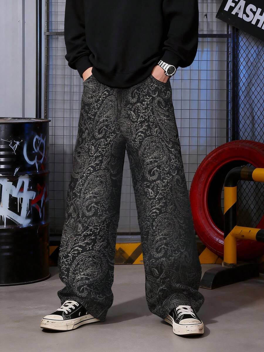 ONE . DINY 美式复古腰果花提花阔腿牛仔裤，深色街头风黑灰渐变时尚休闲裤 - 黑色 - 查看 1