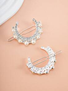 2pcs Girl's Rhinestone Moon Hair Clips, Faux Pearl Bangs Clips, Fashionable & Cute, Suitable For Daily Or Party Use - Multicolor - View 9
