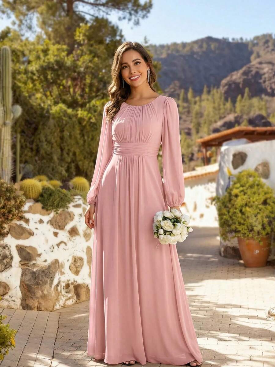 Đầm phù dâu tay dài, cổ tròn, dáng suông, chất liệu chiffon thanh lịch, thích hợp làm đầm dự tiệc cưới, đầm phù dâu màu hồng, đầm cưới mùa xuân cho nữ.