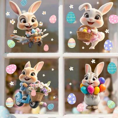 1张可爱复活节兔子窗贴，乙烯基材质，兔子和复活节彩蛋图案，可重复使用，适用于家居、厨房和卧室装饰
