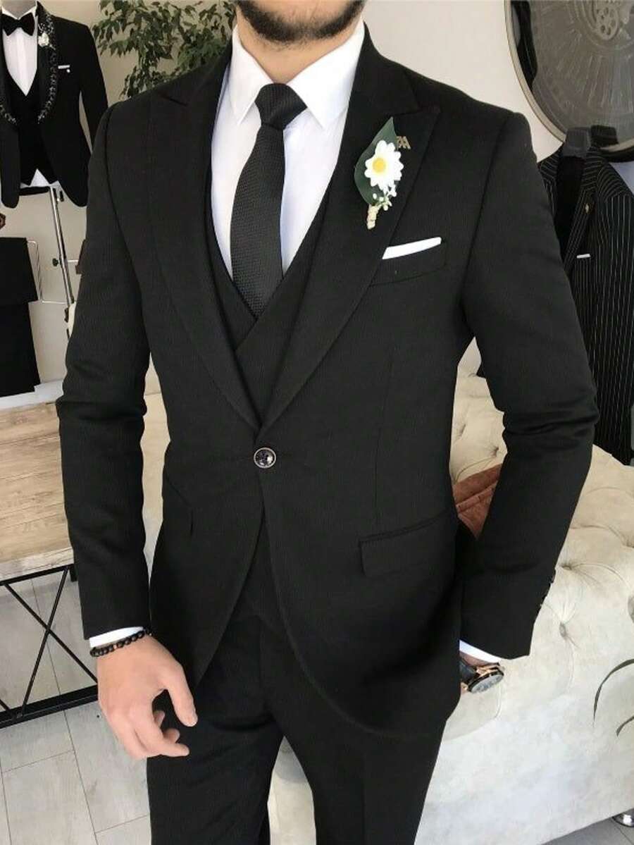 男士商务正装修身三件套：外套、马甲、西裤，仿口袋设计，适合办公室、商务旅行、聚会、通勤等场合。