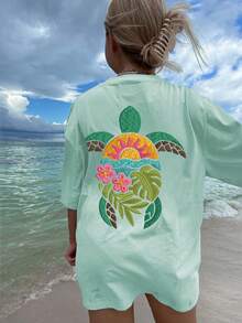 1 chiếc áo thun ngắn tay in hình rùa biển cho bé gái tuổi teen, trang phục học sinh, áo mùa hè cho bé gái chuẩn bị đi học. - Màu xanh Bạc hà - Xem 3