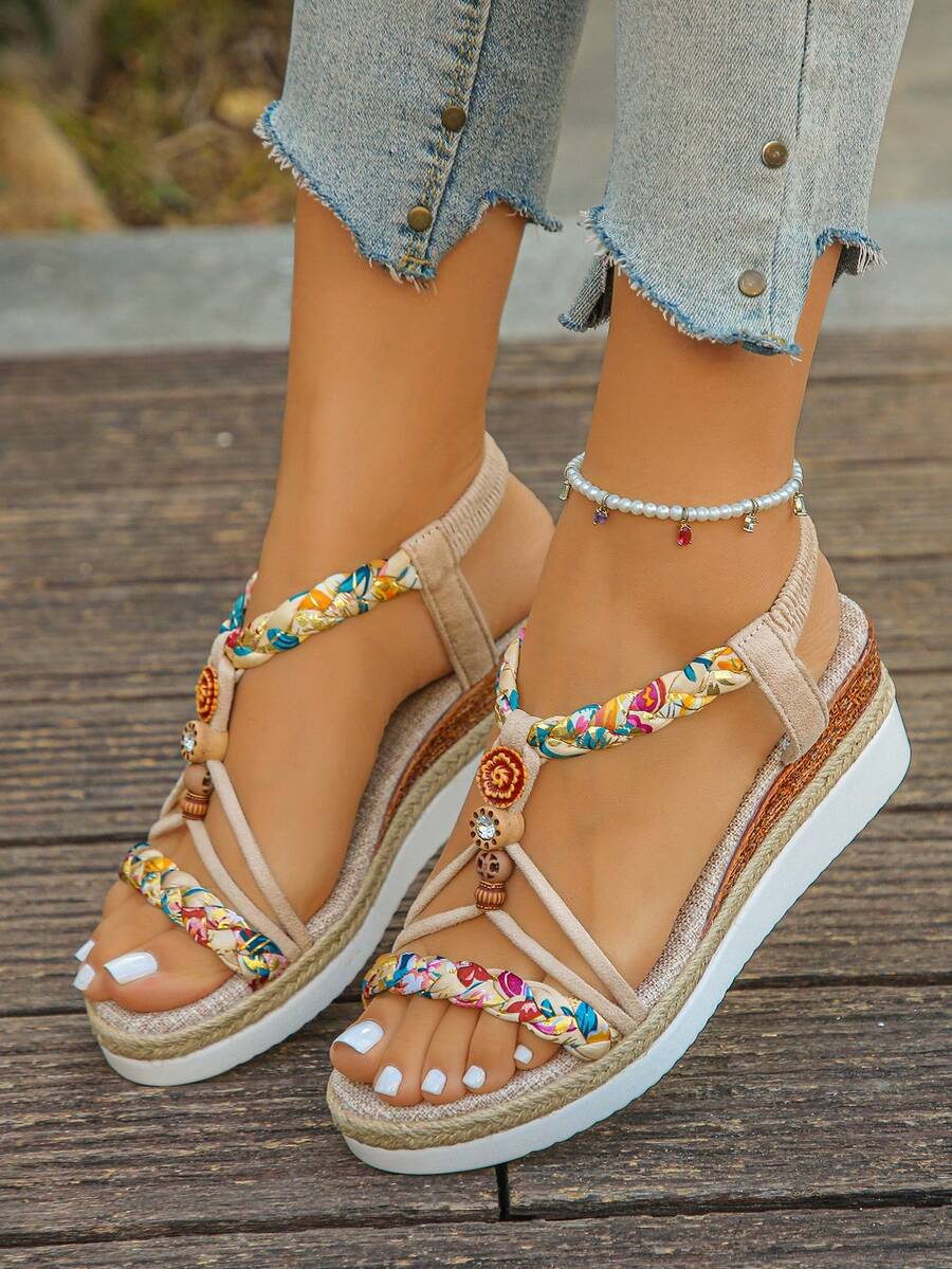 1 par de sandalias planas con cuña de suela gruesa y estilo retro tejido con 3 flores para adolescentes - Multicolor - Ver 1