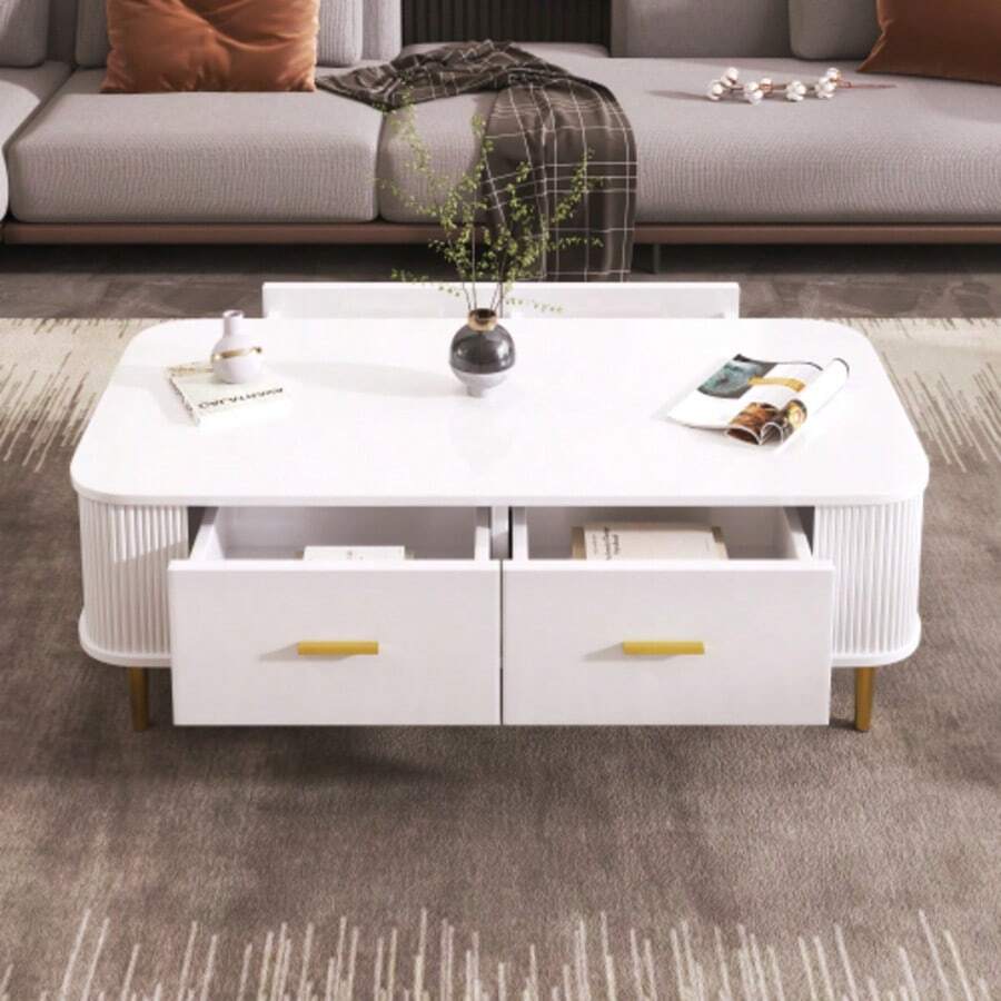 Table basse à tiroirs, angles arrondis, table de salon aux côtés ondulés, poignées et pieds dorés, table d'appoint - Blanc - Voir 1