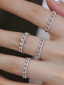 优雅奢华全镶钻皇冠戒指，女士款 - 銀色 - 查看 3