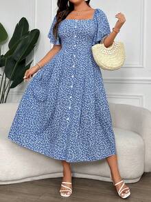Pretty and Ole Robe d'été boho pour femme avec col carré boutonné, imprimé floral délicat, grande taille - Bleu azur - Voir 6