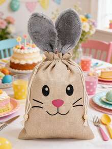 1/3/6pcs Large 26*20cm Easter Burlap Drawstring Gift Bags With Fluffy Rabbit Ears And Beads, Easter Burlap Candy Bags - Multicolor - View 10