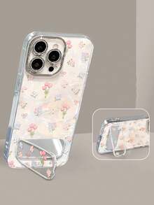 1pc Electroplated Glitter Full Coverage White Background Dreamy Tulip Bouquet Phone Case + 3D Invisible Mirror Stand Compatible With IPhone 11/12/13/14/15/16/17/Pro Max